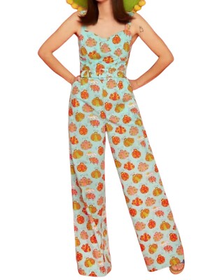 ModCloth Womens Bugs and Kisses Wide Leg Jumpsuit Small Belted Retro Boho Hippie