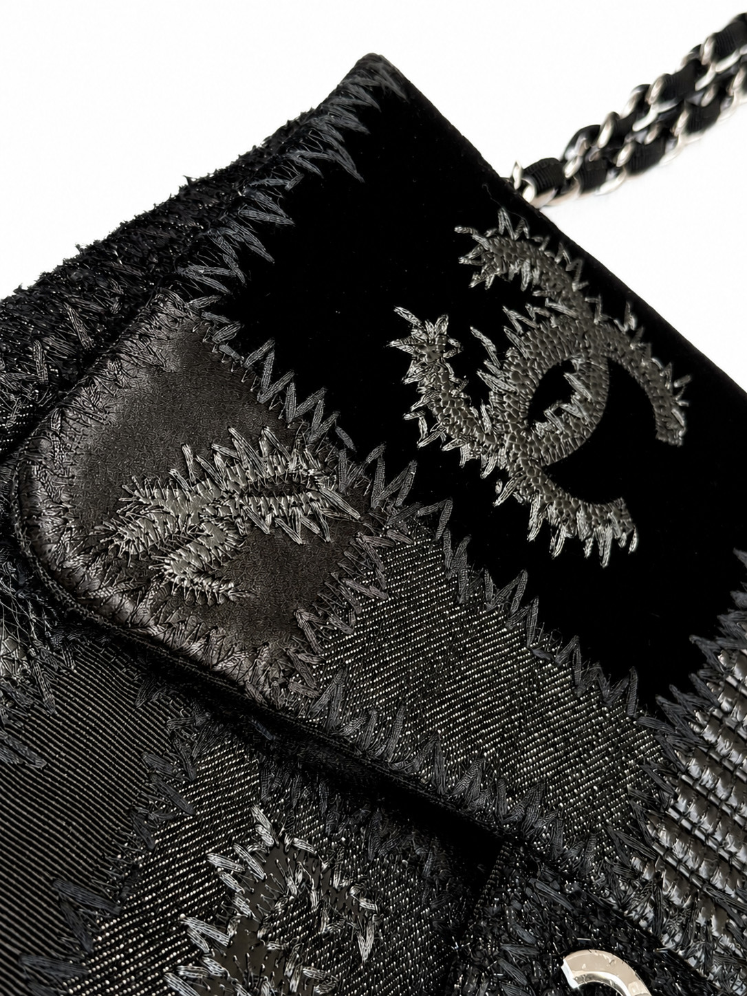 Authentic CHANEL Patchwork Flap Bag Black Mixed Fabric Leather CC Chain Rare image 6