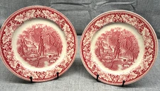 Homer Laughlin Currier & Ives Red/White Dinner Plate Home Sweet Home 9.75" TWO