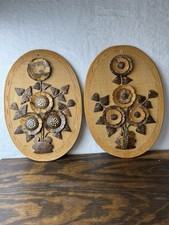 Vintage Handmade Folk Art Wall Hangings, Wood/Burlap Flowers Set Of 2