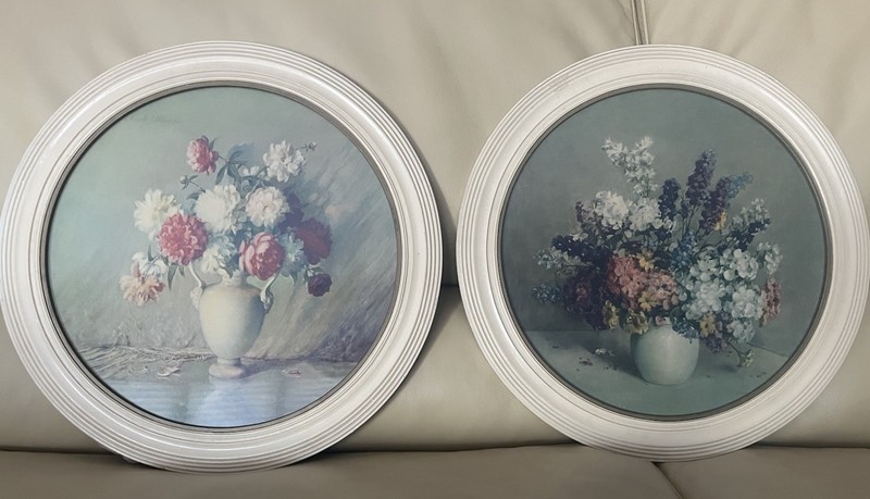 Pair of Round Floral Signed Prints by Artist Carle Blenner MCM
