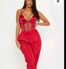 NWT Pretty Little Thing Maroon Satin Mesh Wire Bodysuit Sz 10