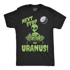 Mens Funny T Shirts Next Stop Uranus Sarcastic Alien UFO Graphic Novelty Tee for