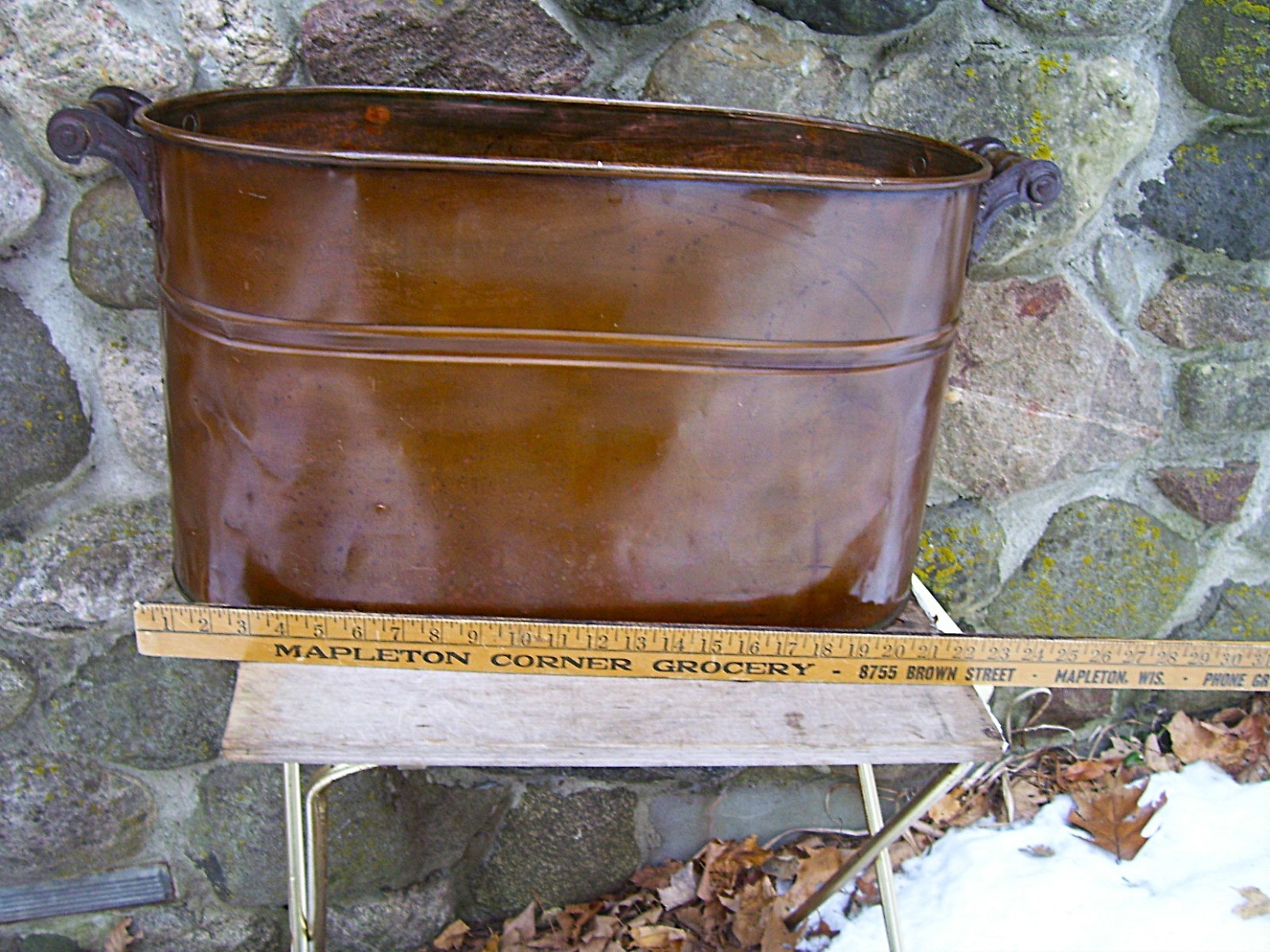 ANTIQUE COPPER WASH BOILER  TAPPERED LID ~ PRIMITIVE LAUNDRY TUB ~ STORAGE DECOR
