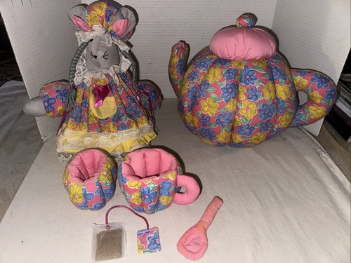 Plush Soft Fabric Tea Set Pink Floral Tea, Pot, Teabag Cup Spoon, Plush Mouse