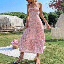 Womens Summer Strappy Halter Floral Party Midi Dress Holiday Beach Boho Dress