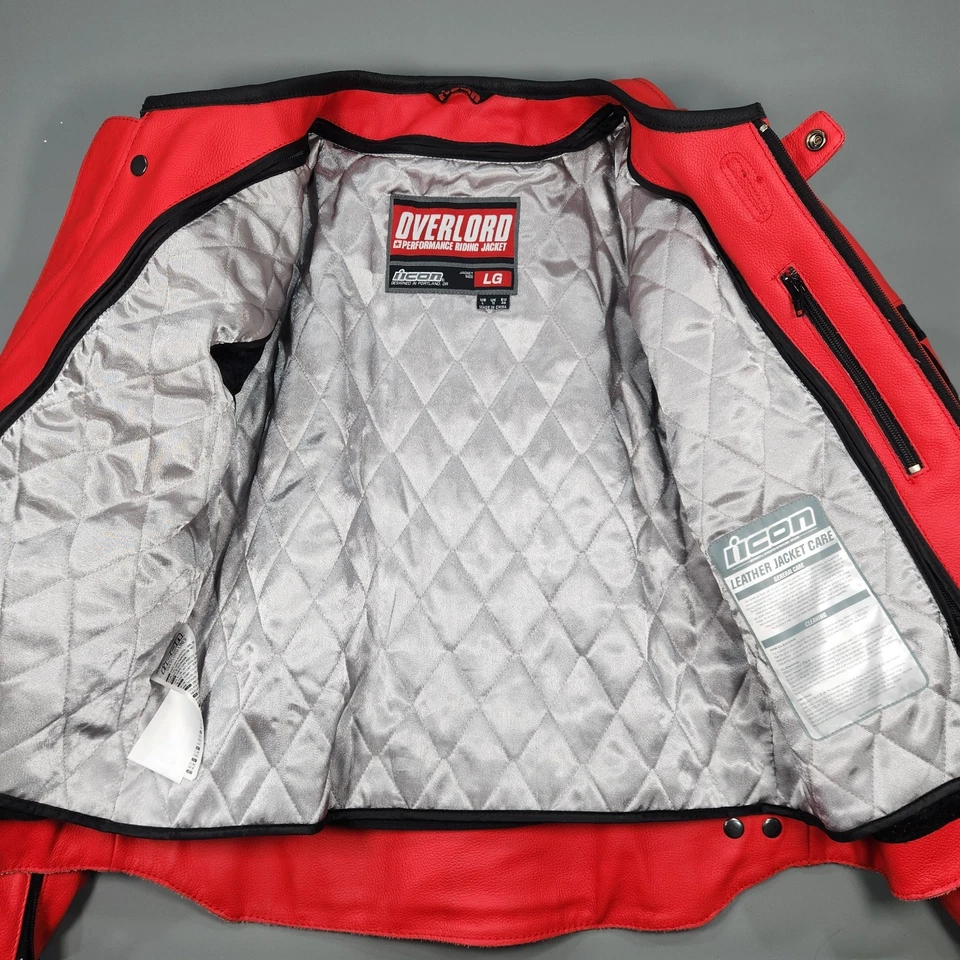Chaqueta de moto Icon Overlord roja de cuero negra LG (se adapta a Med) forro blindado Foto 2 de 4
