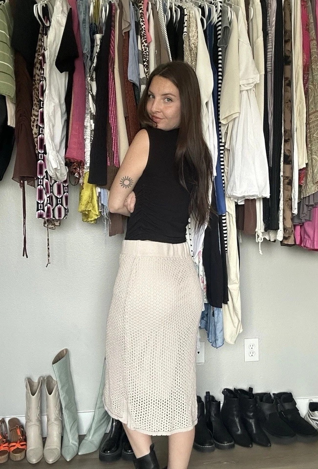 Nine West 针织中裙女式大号米色内衬弹力腰侧开衩 — 第 2/4 张图片