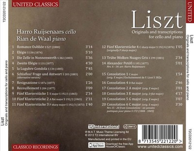 HARRO RUIJSENAARS / RIAN DE WAAL LISZT: ORIGINALS AND TRANSCRIPTIONS FOR CELLO A