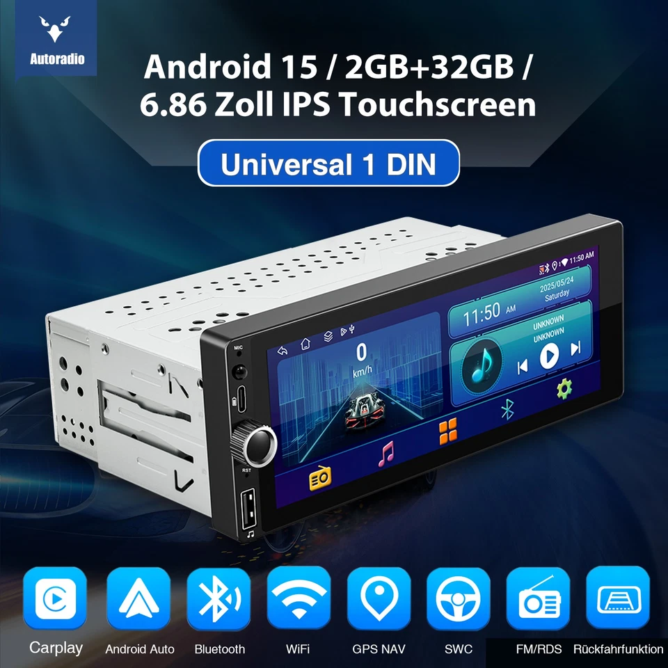 DAB+ 6.86 Zoll 1 DIN Android 15 2+32G Autoradio CarPlay GPS NAVI RDS WIFI BT KAM - Bild 4 von 4