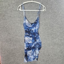 PrettyLittleThing Womens Ruched Bodycon Dress Size 2 Blue Mesh Dragon Cowl Neck