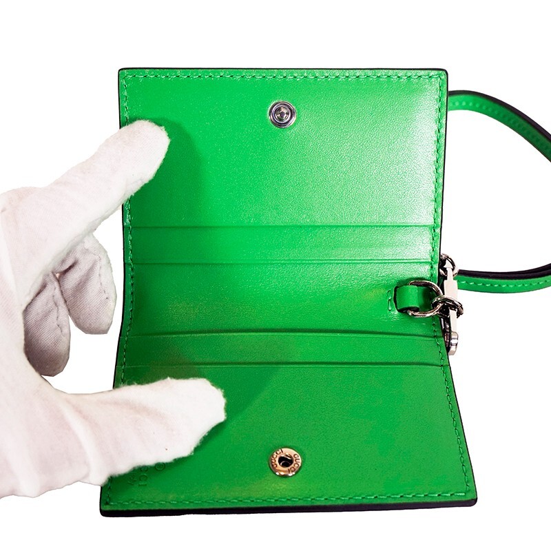 NEW $650 GUCCI Green Perforated Leather Embossed GG CARD HOLDER