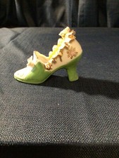 Vintage Ceramic Tiny High Heeled Shoe Japan 3" x 4" Green w Flowers