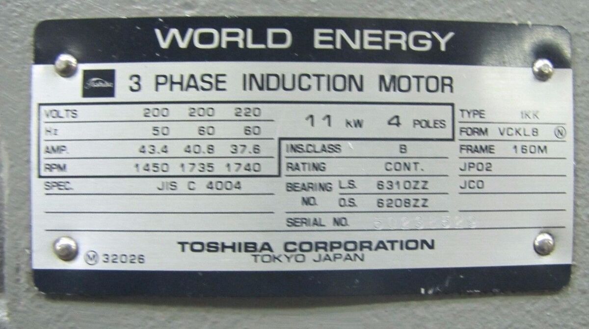 TOSHIBA IKK VCKL8 160M 11KW ( 14.75 HP) 200/220V 1740 RPM TOSHIBA IKK VCKL8 160M 11KW ( 14.75 HP) 200/220V 1740 RPM