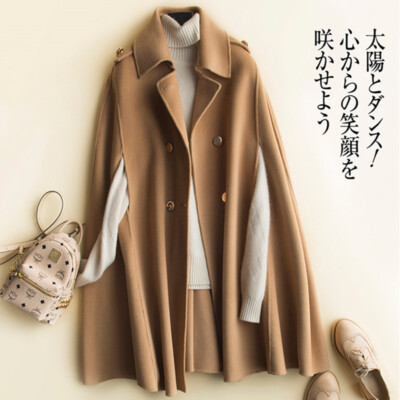 Women 100% Wool Mid Long Double-breasted Bat Cape Coats Jacket