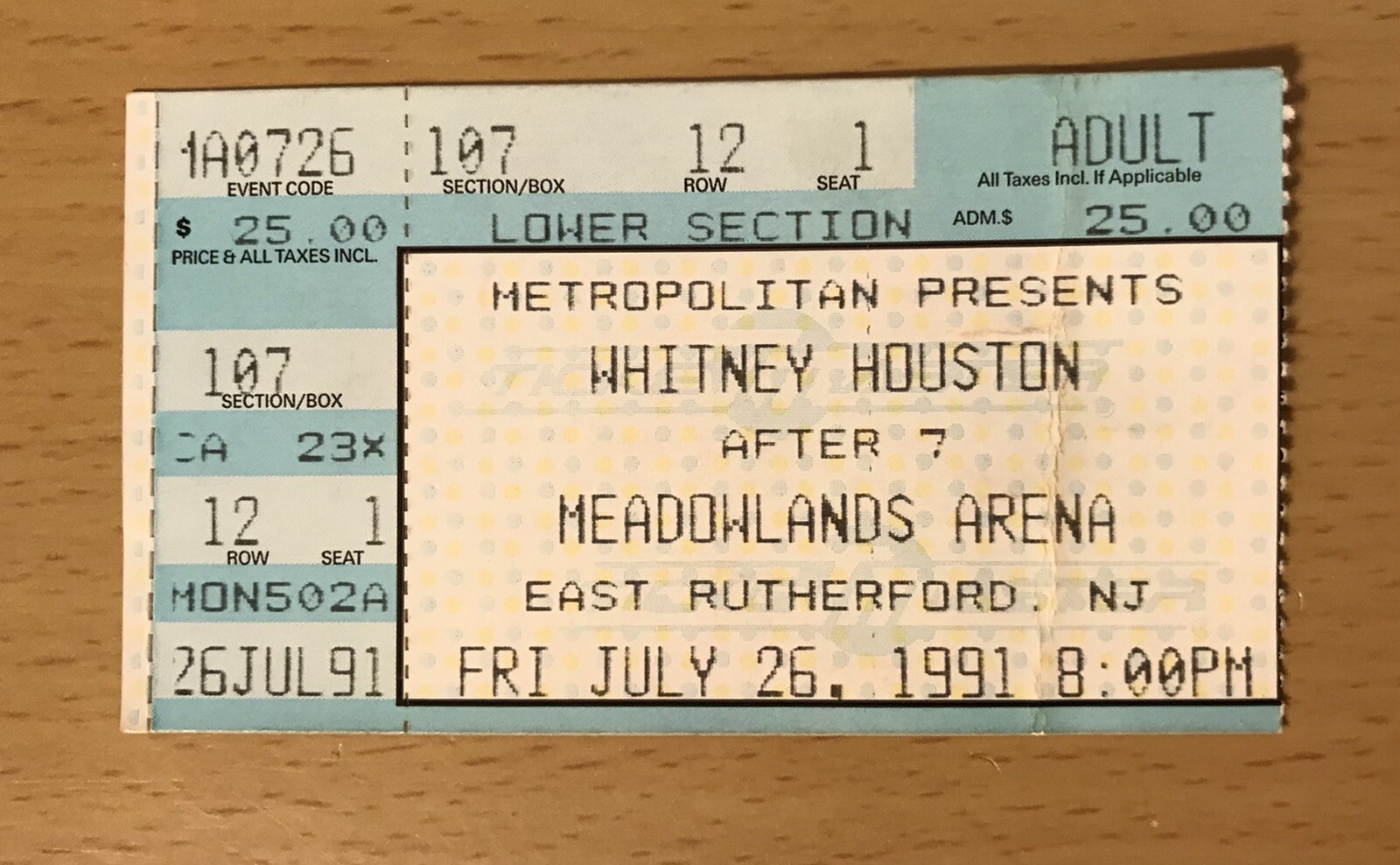 1991 WHITNEY HOUSTON MEADOWLANDS NEW JERSEY CONCERT TICKET STUB THE