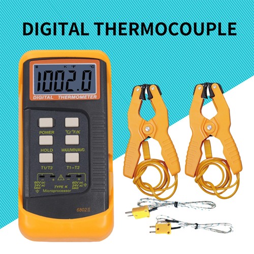 Digital Thermocouple Thermometer Dual Channel K-Type Meter W/ 2 Pipe Clamp Tools