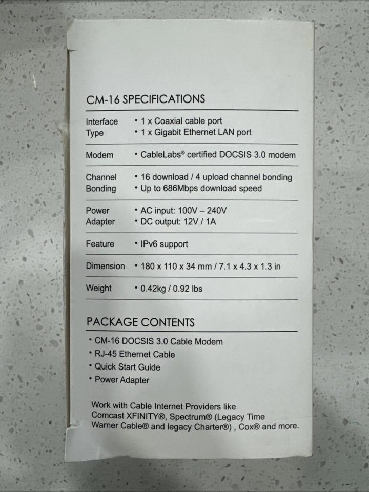Asus CM-16 DOCSIS 3.0 Cable Modem Gigabit LAN 686Mbps w Power Cord & Ethernet  - Image 3 of 4