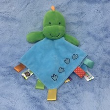 Taggies green Dinosaur baby Security blanket rattle velour satin tags footprints