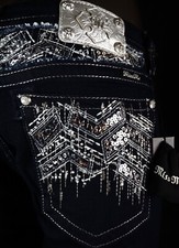  108 Buckle Miss Me "Silver Sequins" Dark Mid-Rise Easy Boot 34 X 31