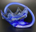 Vintage Murano Style Hand Blown Glass Bowl Handle Basket - Cobalt Blue White