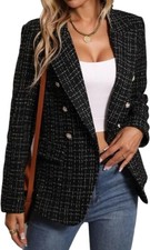 Mina Self Women's Black Plaid Double Breasted Tweed Blazer w/Pockets Large. NWT