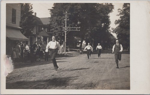 Vtg Massachusetts Small Town Street View Men RPPC Real Photo Postcard #3907