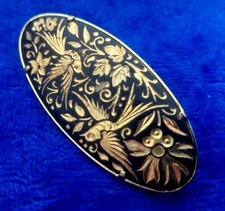 Bijou vintage BROCHE métal doré or de Tolède oiseaux fleurs