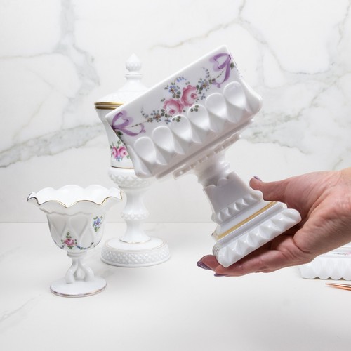VTG Westmoreland Milk Glass Wedding Bride Box Painted Compote Lid Dish Candy Set - Picture 7 of 18