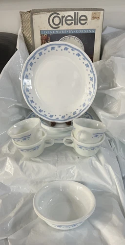Vintage Corelle Morning Blue dishes plates bowls mugs cups 14 PIECE SET