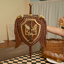 Arcangelo Michele Scudo con Spada Santa Fatto a Mano Intaglio Legno Cristiano Parete H