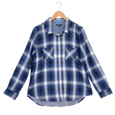 Flag & Anthem Women's Blue White Plaid Cotton Long Sleeve Button-Up Shirt Size L
