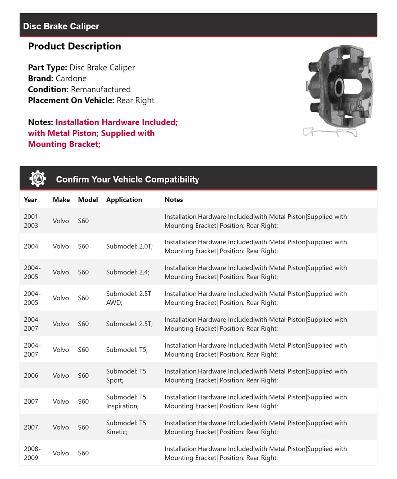 Pinza de freno de disco trasera derecha Cardone 2002 2003 2004 para Volvo S60 2001-2009 Foto 2 de 4