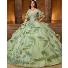Green Beads Quinceanera Dresses Lace Applique Crystals Ball Gown Tiered Sweet 16