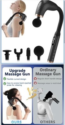 Curved Handle Massage Gun LCD Display Cordless 4 Heads for Back, Neck, Legs