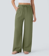 HALARA Pants High Waisted Drawstring/Elastic Waist Wide Leg Army Green Med NWT