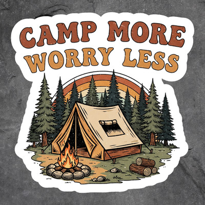 Camping sticker vinyl decal camp more worry less retro tent forest campfire