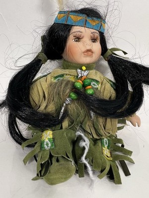 Vintage Native Style Handmade Doll With Braided Hair Beaded Necklace, Feather He