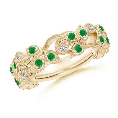 ANGARA 0.41 Ct Nature Inspired Round Emerald & Diamond Vine Ring in 14K Gold
