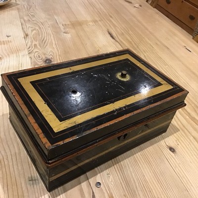 Antike England Englisch Metall Tole Geld Dokumentenbox mit Einsatz 9'' x 5,5'' ohne Schlüssel