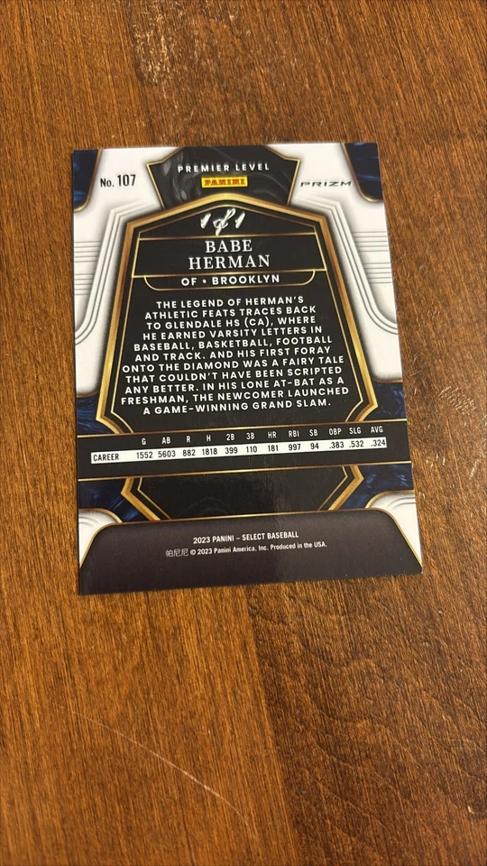 Babe Herman 2023 Select Premier piel de serpiente Prizm #107 Brooklyn Robins Dodgers 1/1 Foto 2 de 2