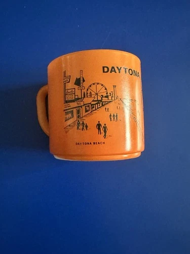 Vintage Milk Glass Coffee Mug Cup Orange Daytona Beach Florida Souvenir