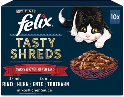 Felix Tasty Shreds Katzen-Futter nass in Sauce, vom Land (6 x 10 Beutel à 80g)
