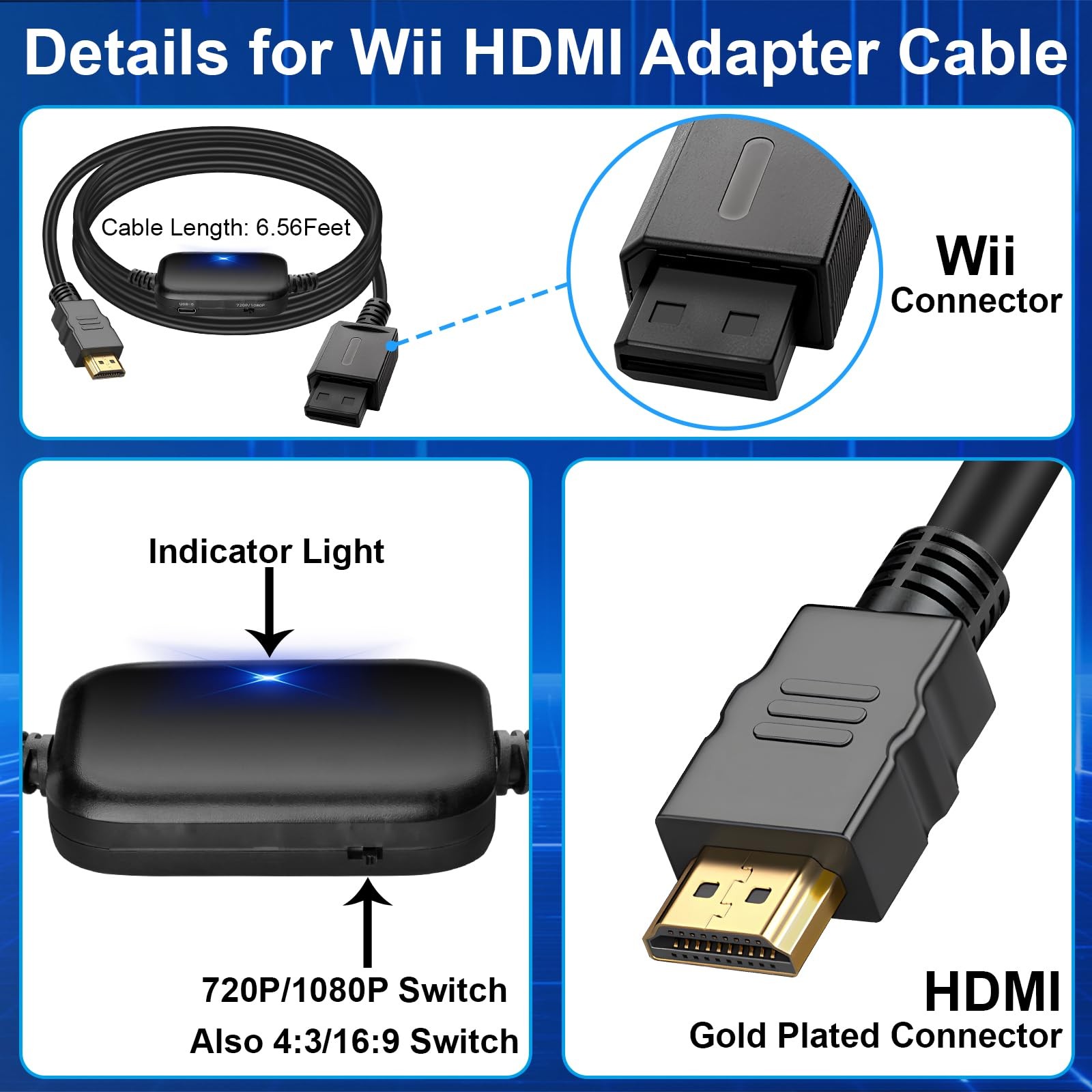 Herfair Wii to HDMI Adapter Support 43/169 Aspect Display 6.6FT Wii HDMI Cabl...