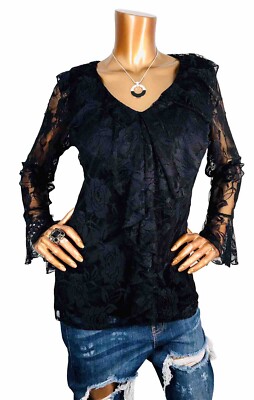 Slinky Brand M Top Stretch Black Floral Lace Blouse Long Bell Slvs Lined V Neck