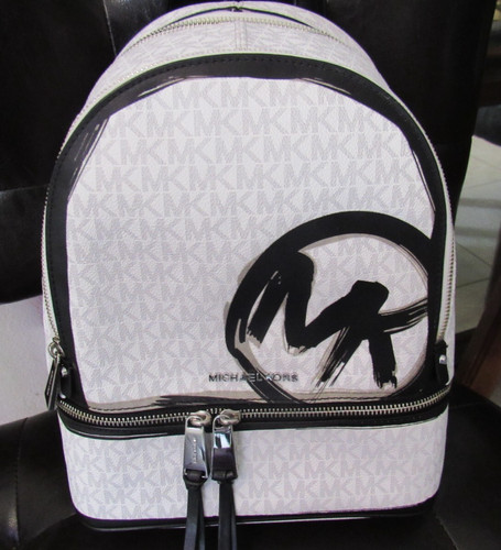 Michael Kors Rhea Zip Medium Leather Backpack White Black Signature LOGO CIRCLE