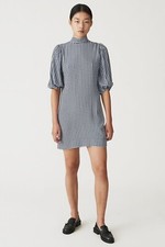 Ganni Printed Gingham Crepe Puff Sleeve Dress Size 36 US 4 Brunnera Blue