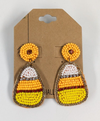 Candy Corn Seed Bead Chunky Drop Halloween 2.25'' Long Pierced Earrings