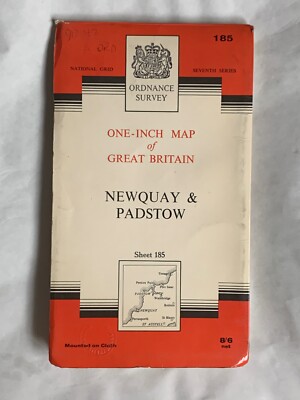 OS Ordnance Survey One Inch Cloth Map, of Newquay, Sheet 185, 1961, ex Lib