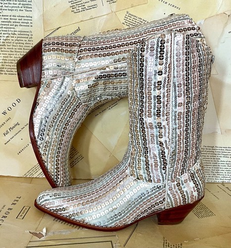 Free People MOMO Luna Sequin Boots Ivory Gold Silver Cowboy Back Zipper 39/9 NEW - Picture 9 of 12